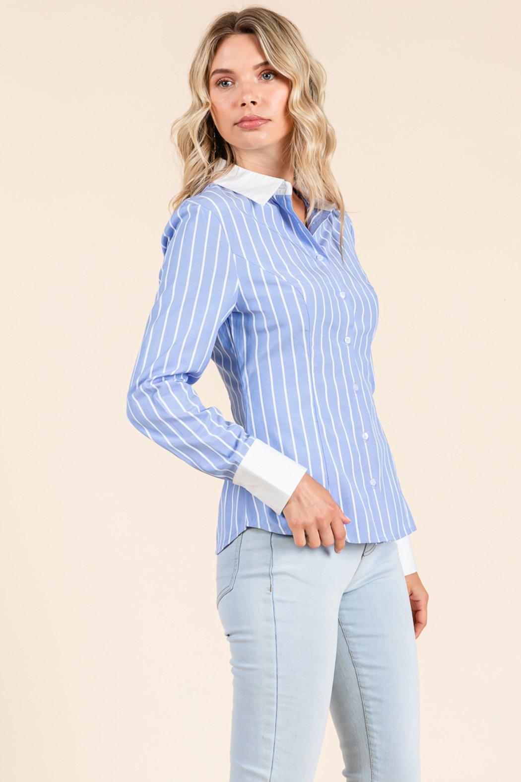 Stripe Button Down Blouse With Contrast Collar Product Image