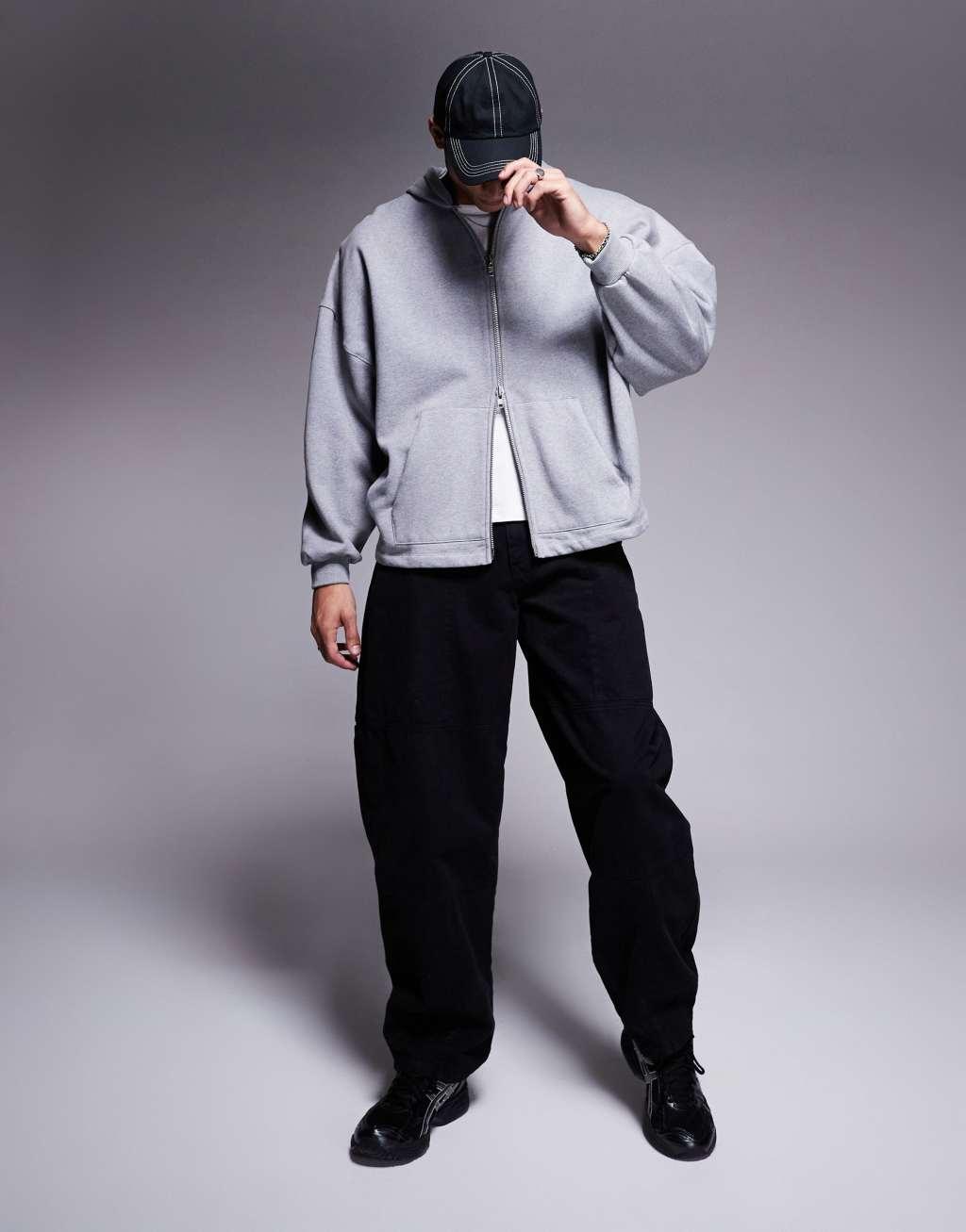 ASOS DESIGN premium heavyweight oversized zip through hoodie 400gsm with fixed hem in gray heather Product Image