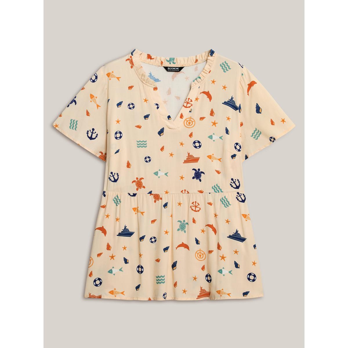 Plus Size Ivory Whimsical Print Stretchy Waist Rayon Blouse Women Short sleeve Flat collar with V-notch Vacation Blouses BloomChic 18-20/2X Product Image