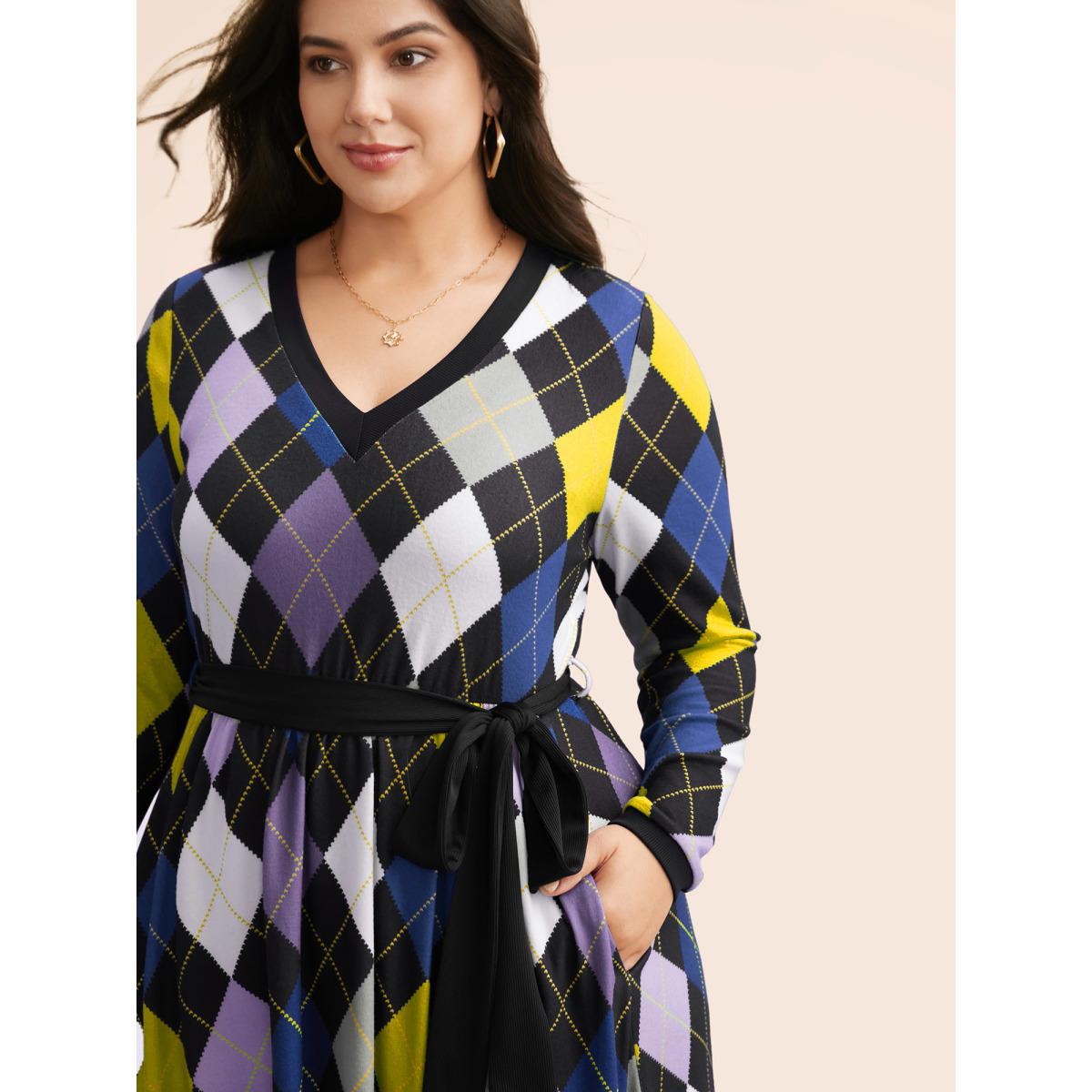Plus Size V Neck Colorblock Contrast Belted Dress DarkBlue Women Casual Belted V-neck Long Sleeve Curvy BloomChic 12/L Product Image