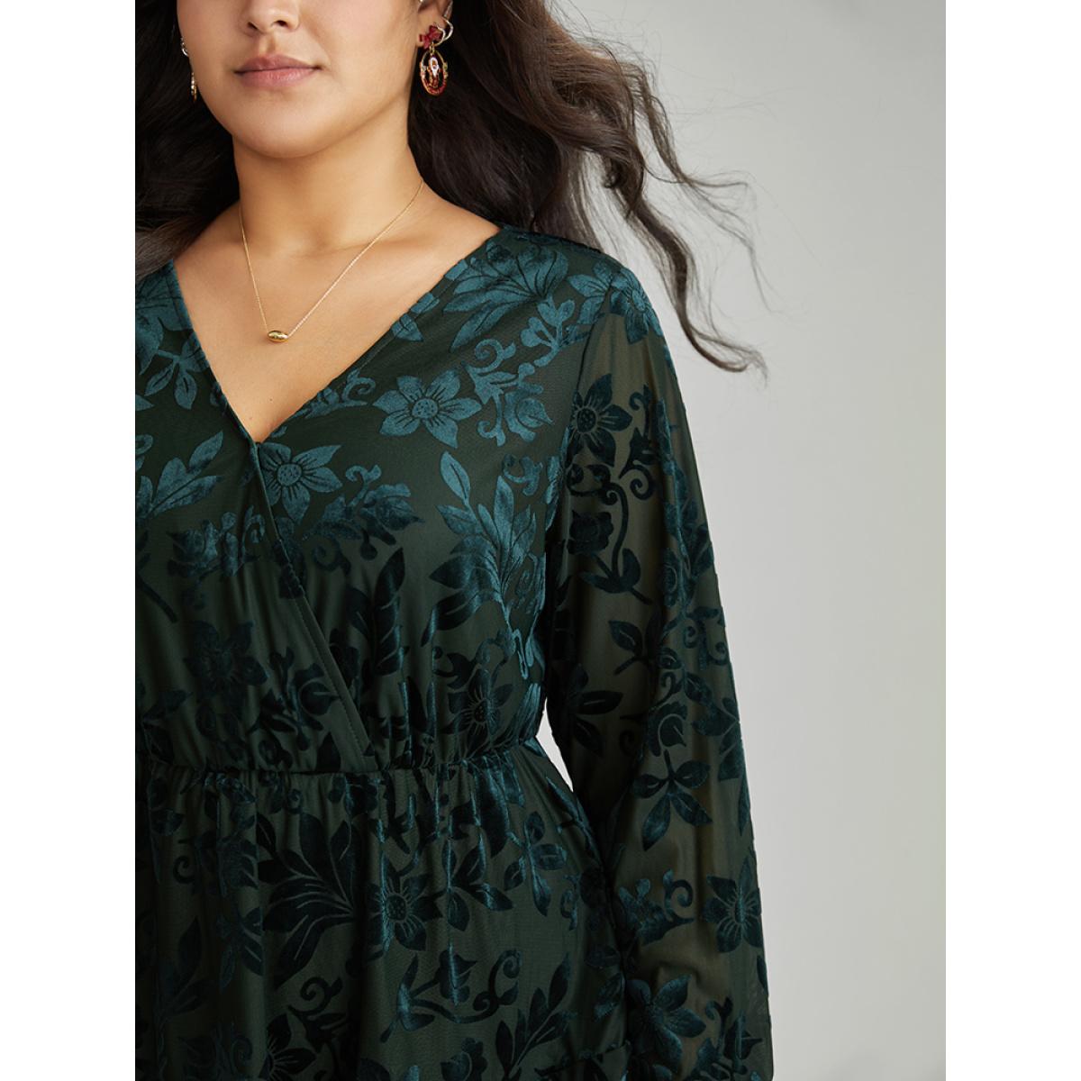 Plus Size DarkGreen Silhouette Floral Print Plain Velvet Texture Wrap Blouse Women Elegant Long Sleeve Overlap Collar Party Blouses BloomChic 26/4X Product Image