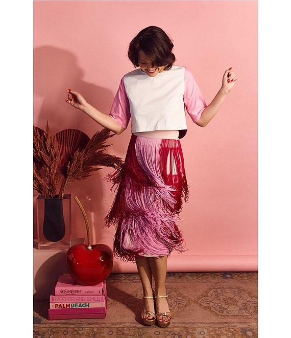 Buru Color Block Elastic-Back Waist Fringe Midi A-Line Skirt Product Image