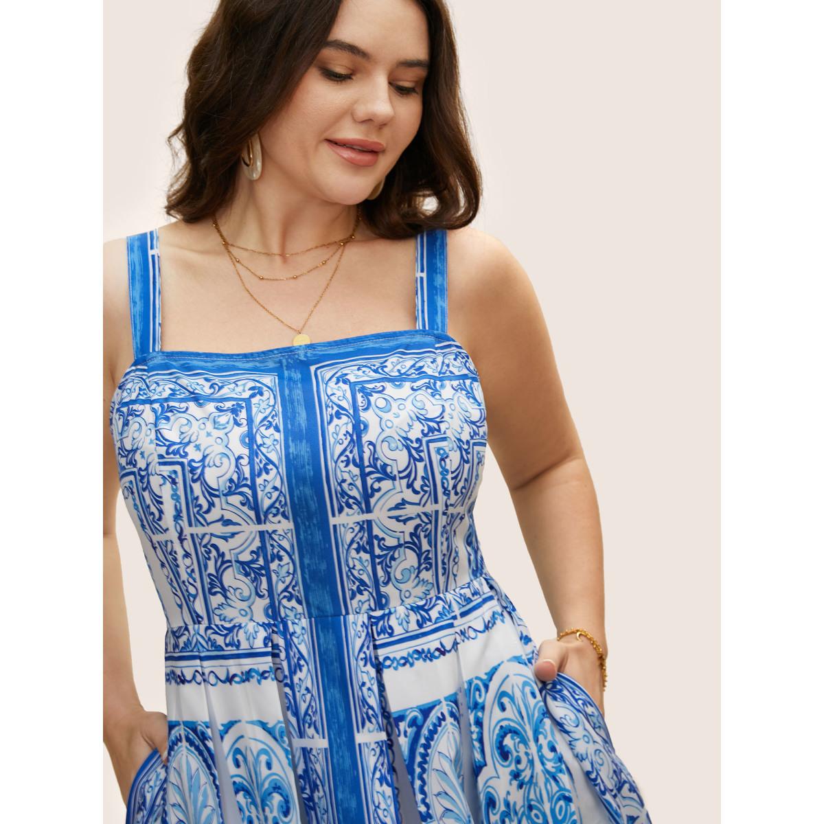 Plus Size Boho Print Square Neck Plicated Detail Midi Dress Mediumblue Women Elegant Pleated Square Neck Sleeveless Curvy BloomChic 12/L Product Image