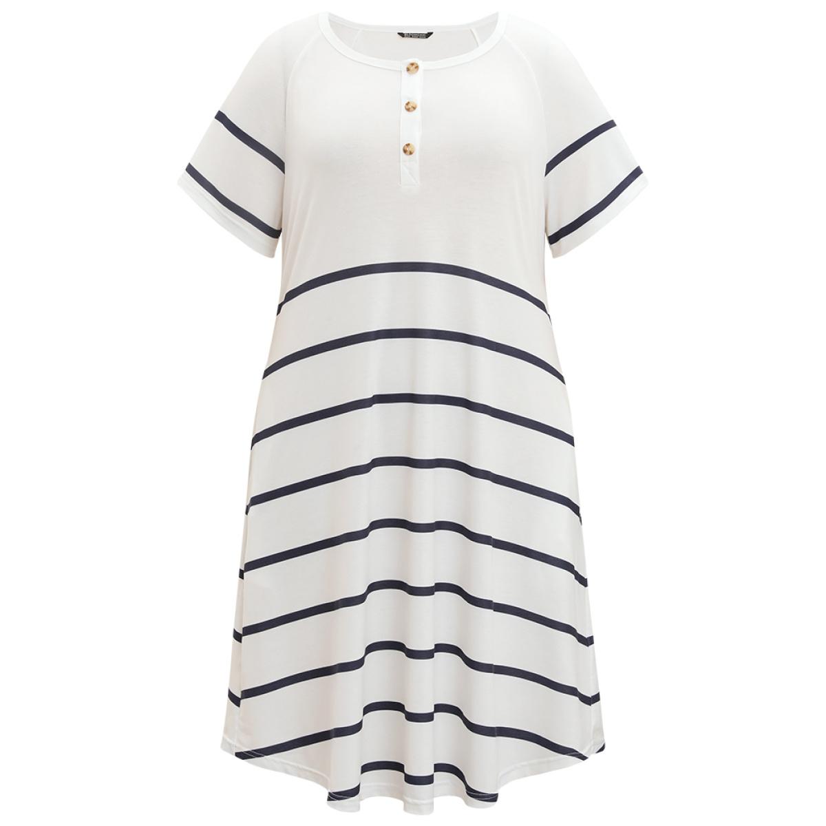 Plus Size Striped Button Through Pocket Raglan Sleeve Dress White Women Casual Contrast Round Neck Short sleeve Curvy Midi Dress BloomChic 28/5X Product Image