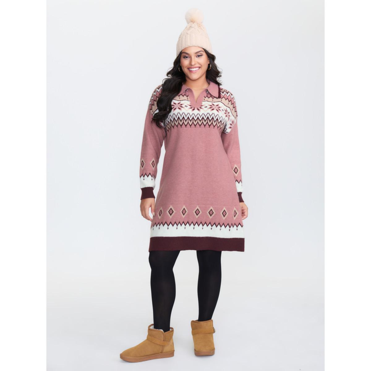 Plus Size Boho Pattern Jacquard Contrast Sweater Dress Beanpastepowder Women Leisure Loose Long Sleeve Casual Sweater Dresses BloomChic 10/M Product Image