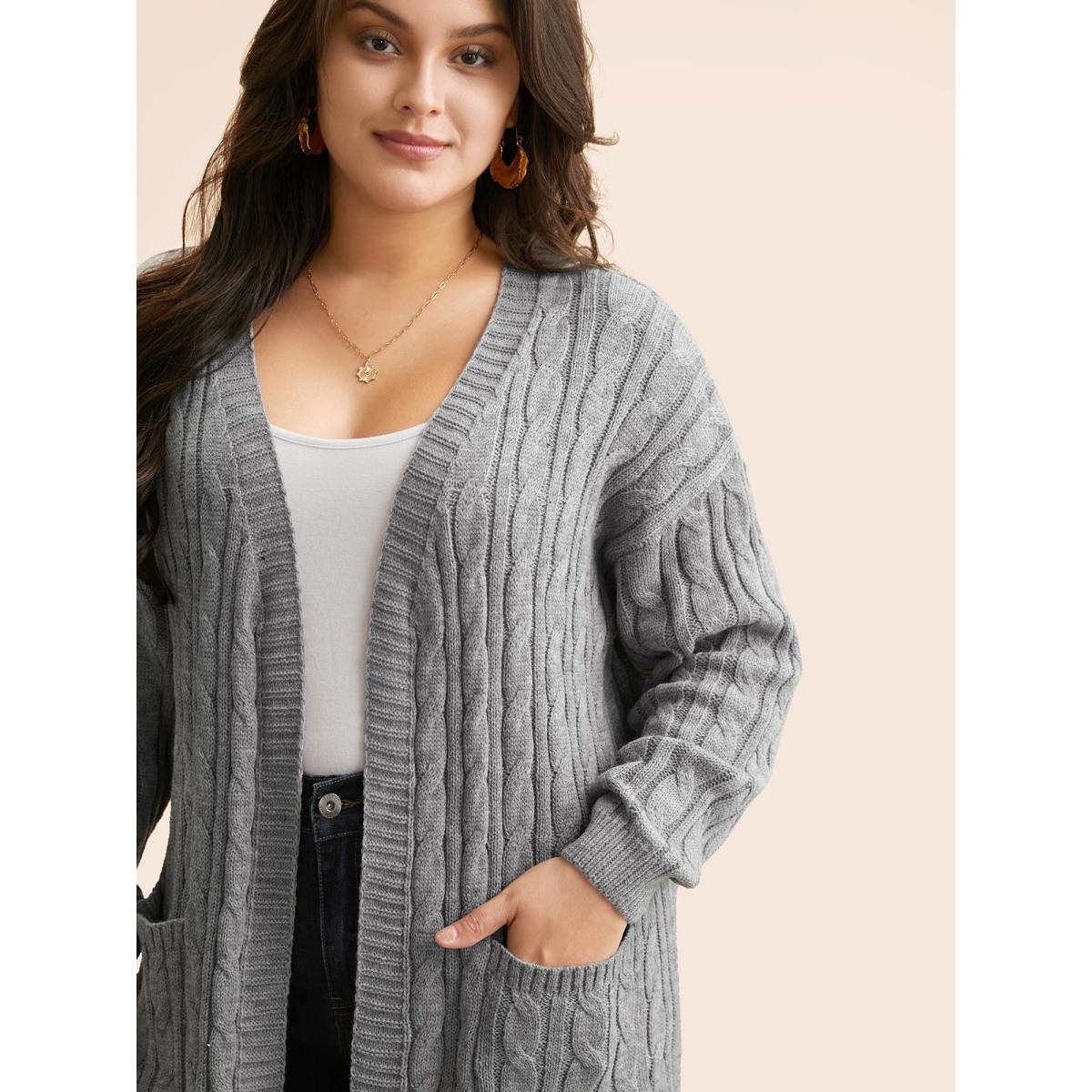 Plus Size Cable Knit Drop Shoulder Sleeve Cardigan Mediumgray Women Casual Loose Long Sleeve Everyday Cardigans BloomChic 14-16/1X Product Image