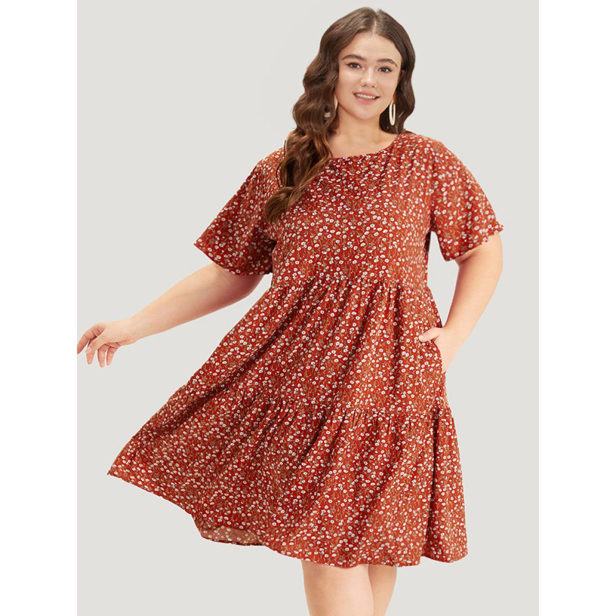Plus Size Ditsy Floral Pocket Layered Patchwork Crew Neck Dress Russet Women Elegant Printed Round Neck Short sleeve Curvy Midi Dress BloomChic 22-24/3X Product Image