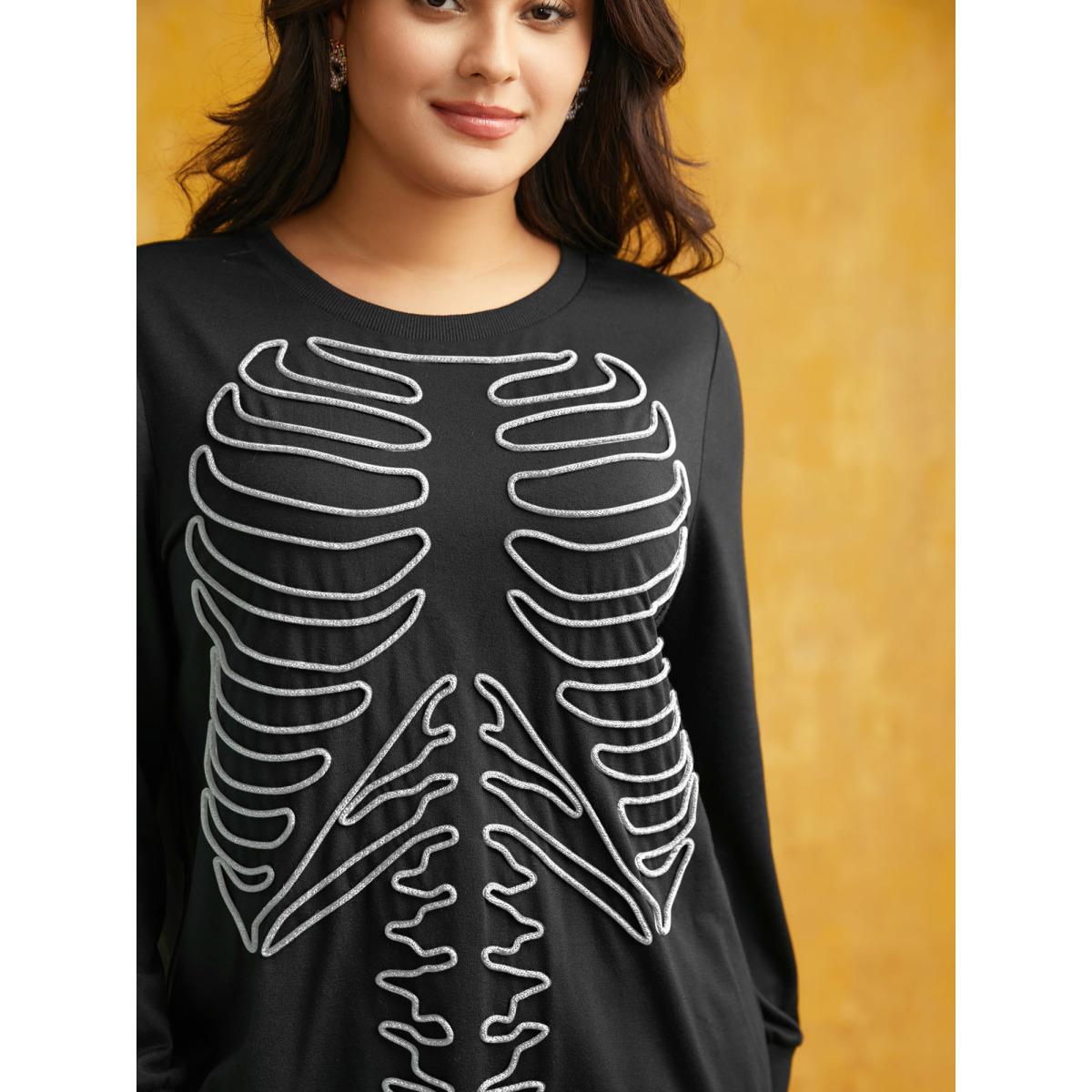 Plus Size Skeleton Embroidered Crew Neck Sweatshirt Women Multicolor Leisure Patchwork Loose Round Neck Casual Sweatshirts BloomChic 30/6X Product Image