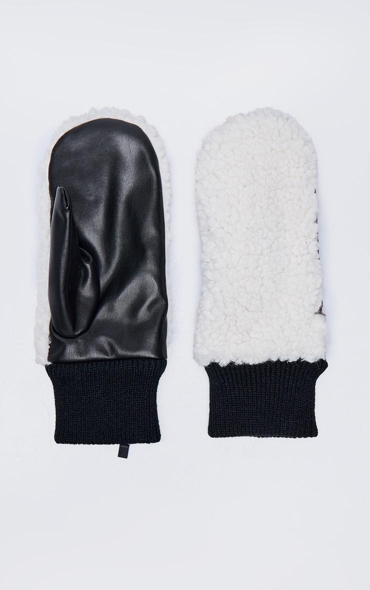 Cream Borg Contrast PU Mittens Product Image