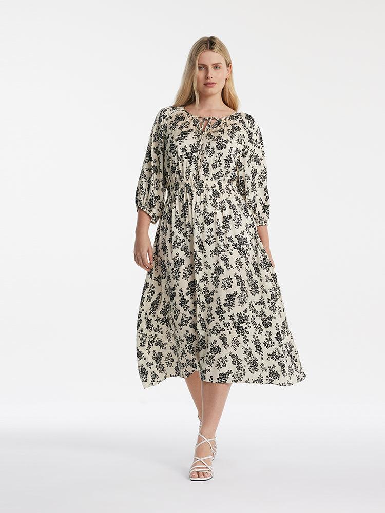 Camellia Print Gathered Waist Women Midi Dress Product Image