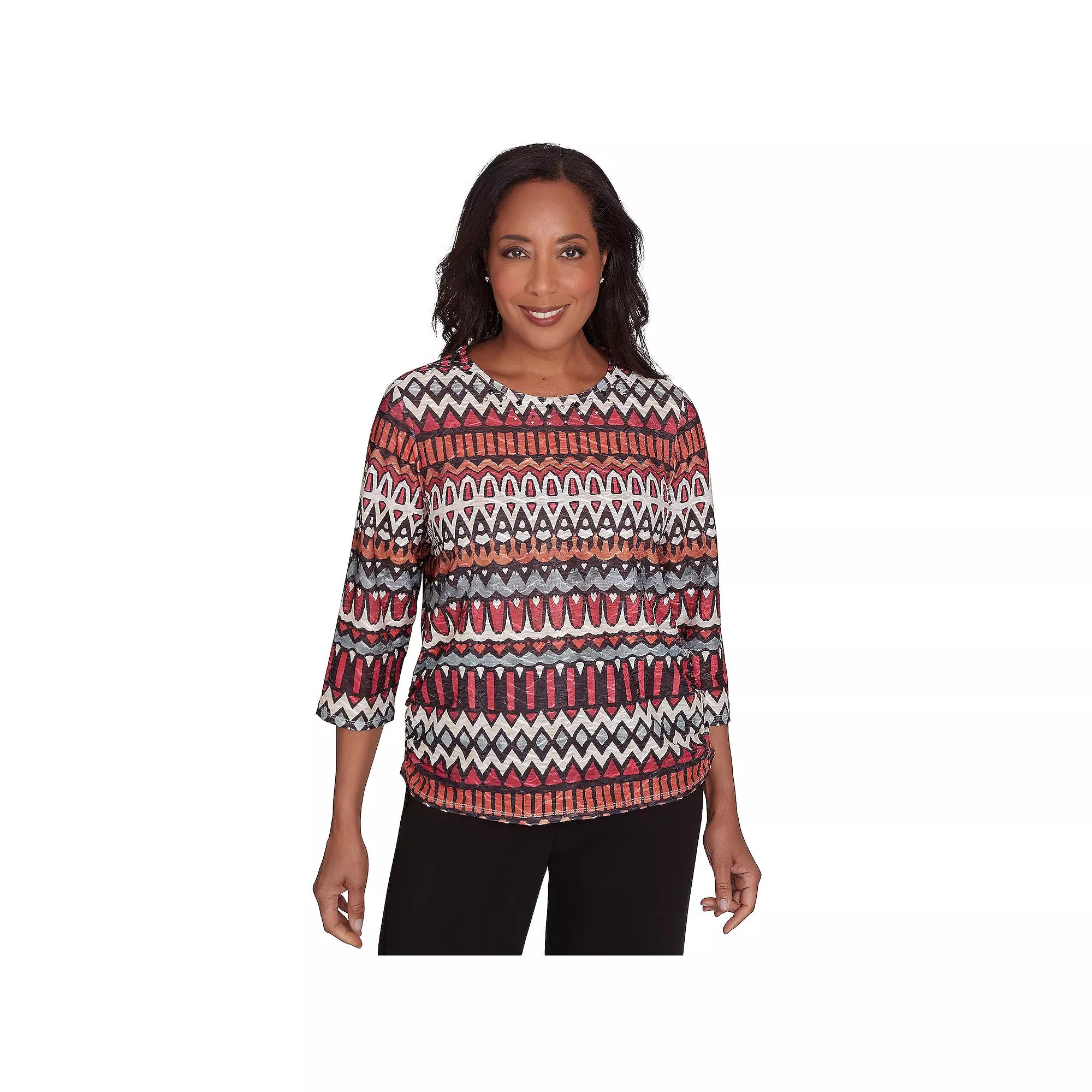 Women's Alfred Dunner Geometric Ruched Crewneck Top, Size: Large, Multi Red Product Image