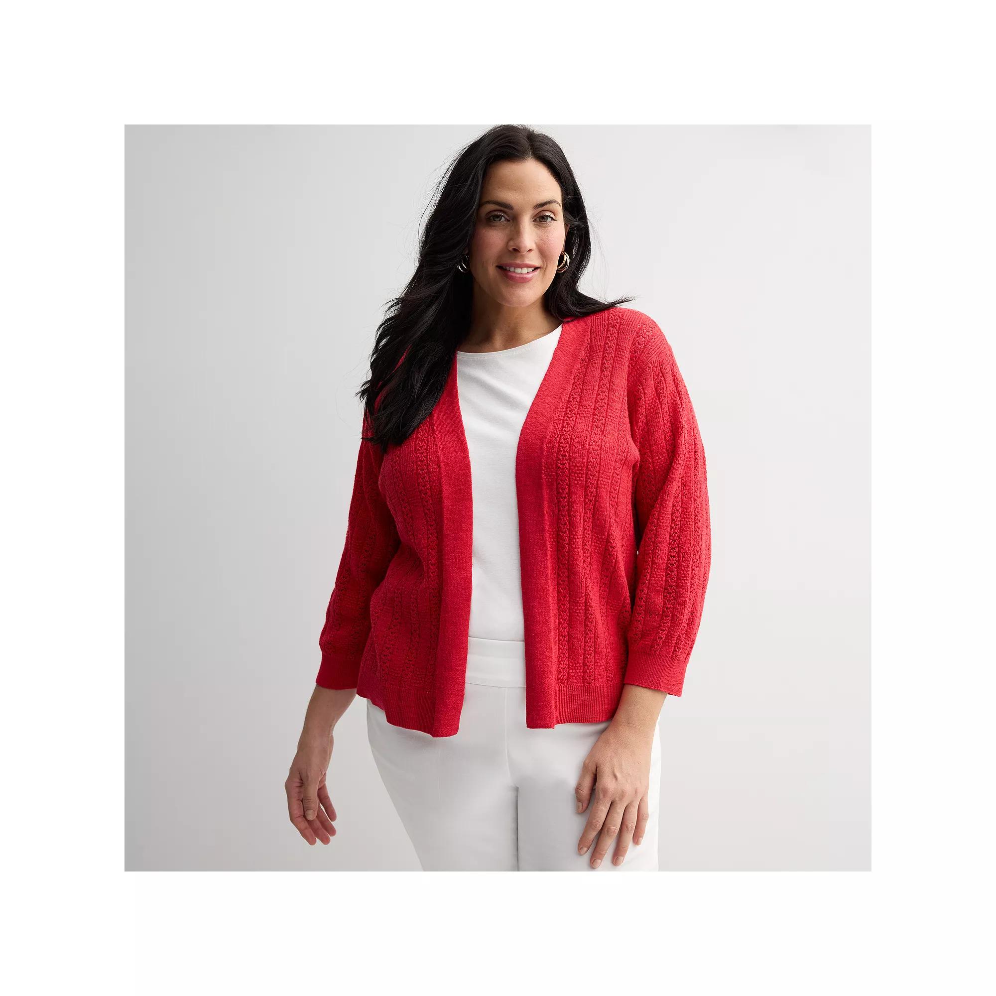 Plus Size Croft & Barrow® Pointelle Basket Open Front Cardigan, Women's, Size: 3XL, Garden Poppy Product Image