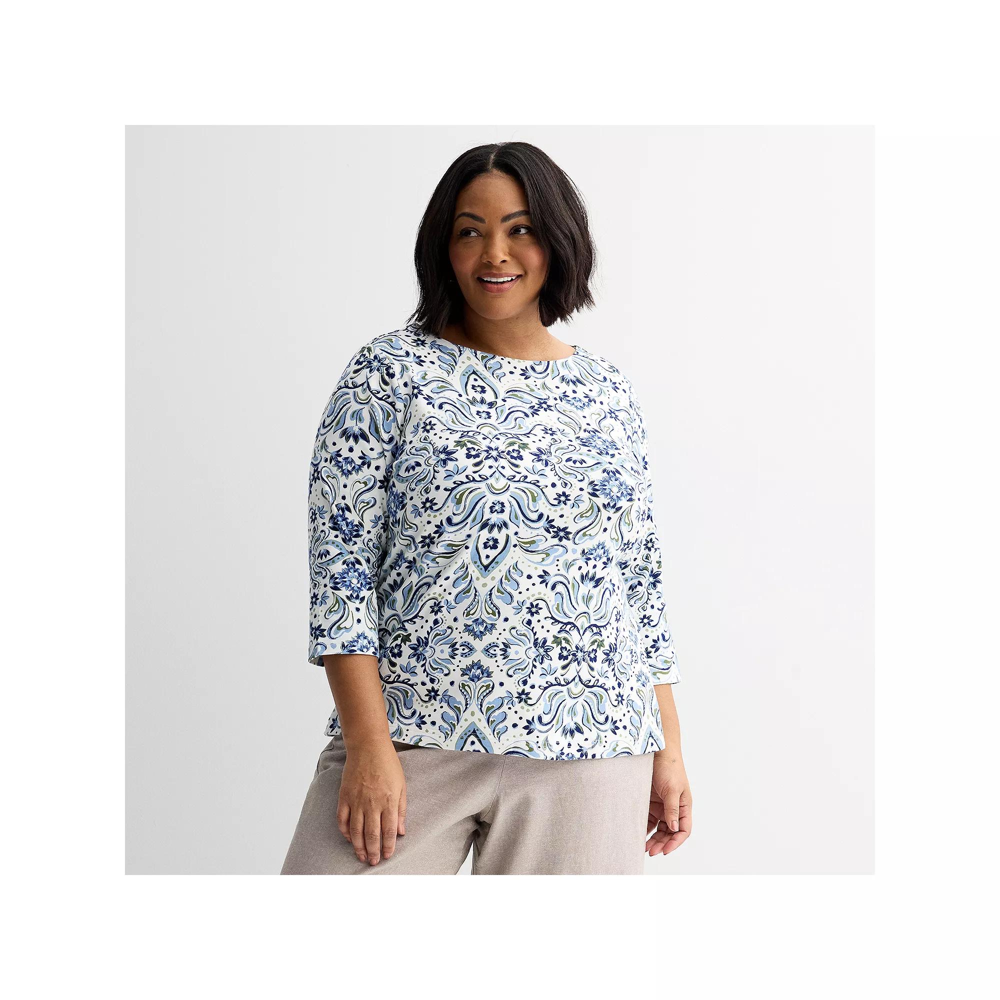 Plus Size Croft & Barrow® Boatneck Top, Women's, Size: 0X, Blue Ornate Floral Product Image