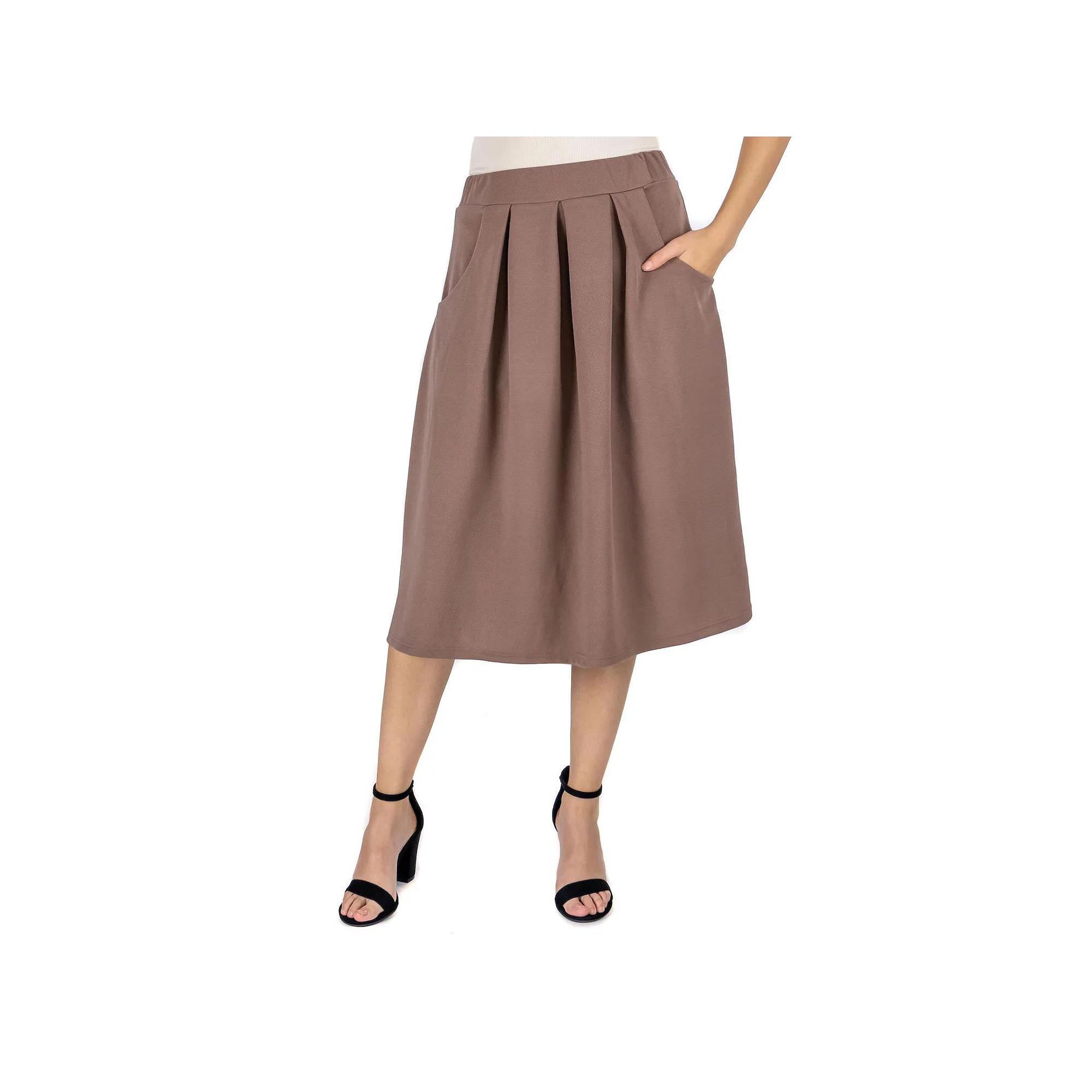 Women's 24Seven Comfort Apparel Solid Pleated Midi Skirt,  Product Image