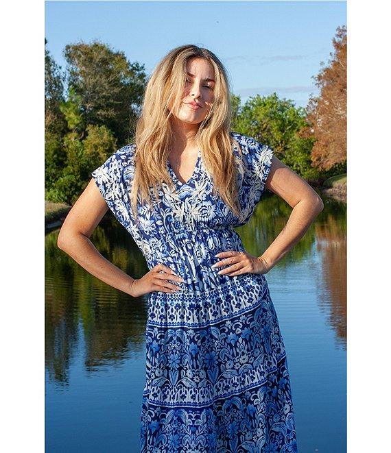 Karyn Seo Gypsy Bohemian Print Cinched Waist V-Neck Short Sleeve Maxi Dress Product Image