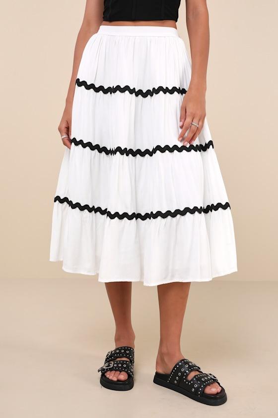 Number One Trend White and Black Tiered Midi Skirt Product Image