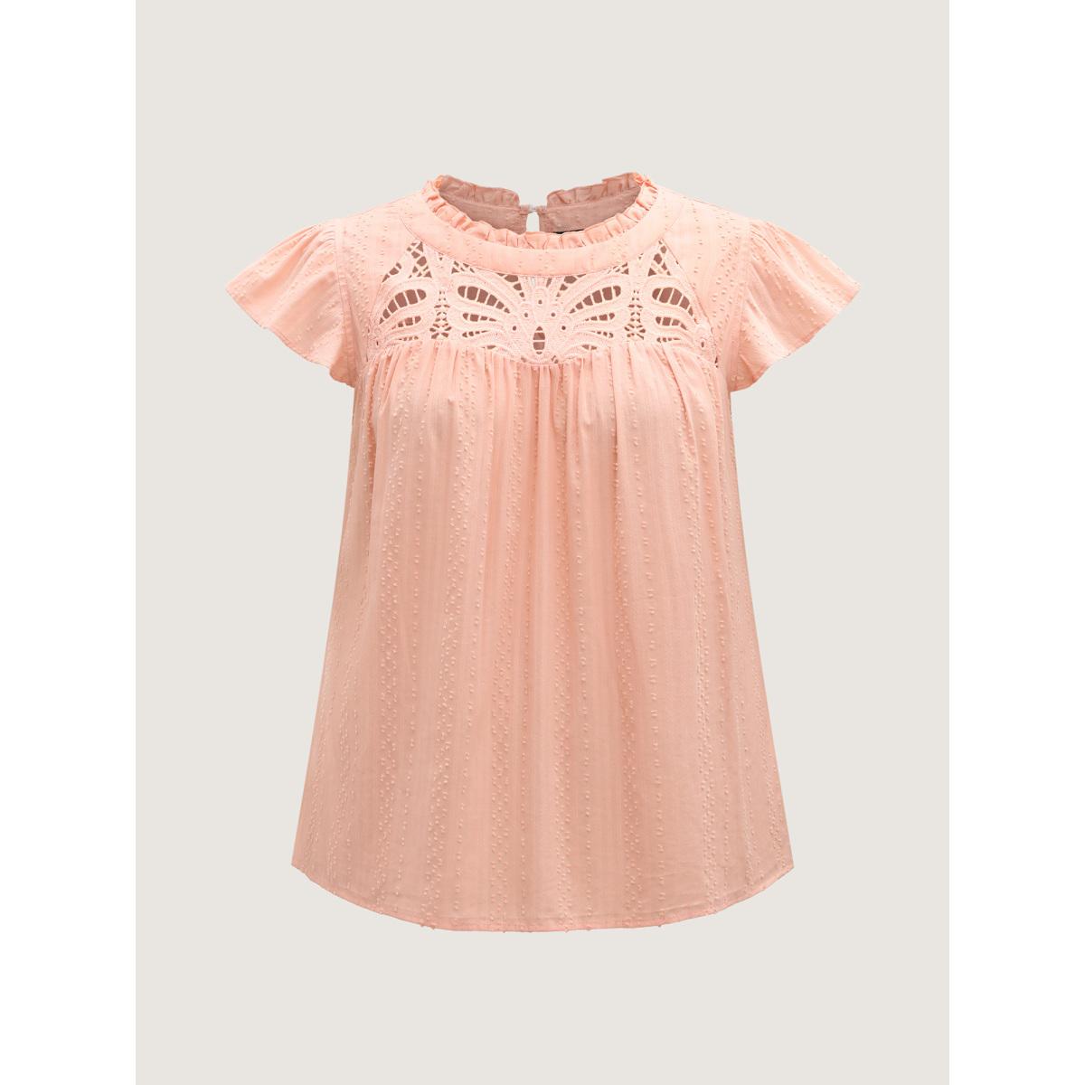 Plus Size Crepe Cotton Cut-Out Lace Ruffled Neck Blouse Women Romantic Cap Sleeve Round Neck Elegant Blouses BloomChic 14-16/1X Product Image