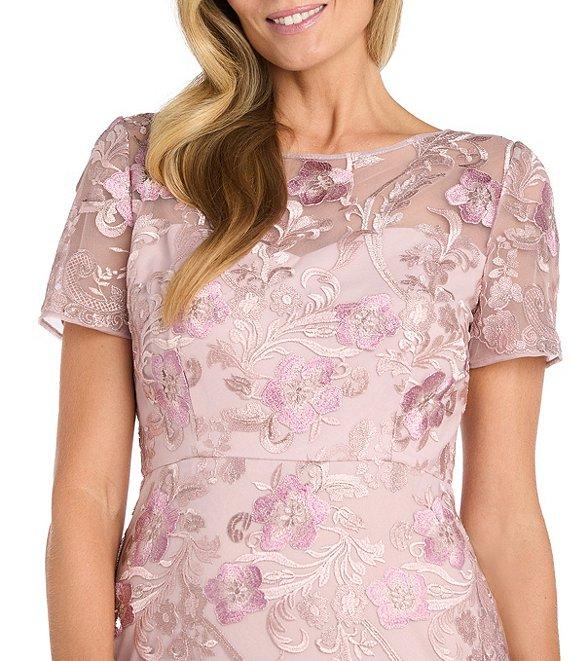 R & M Richards Short Sleeve Illusion Crew Neck Floral Embroidered Flounce Hem Sheath Dress Product Image