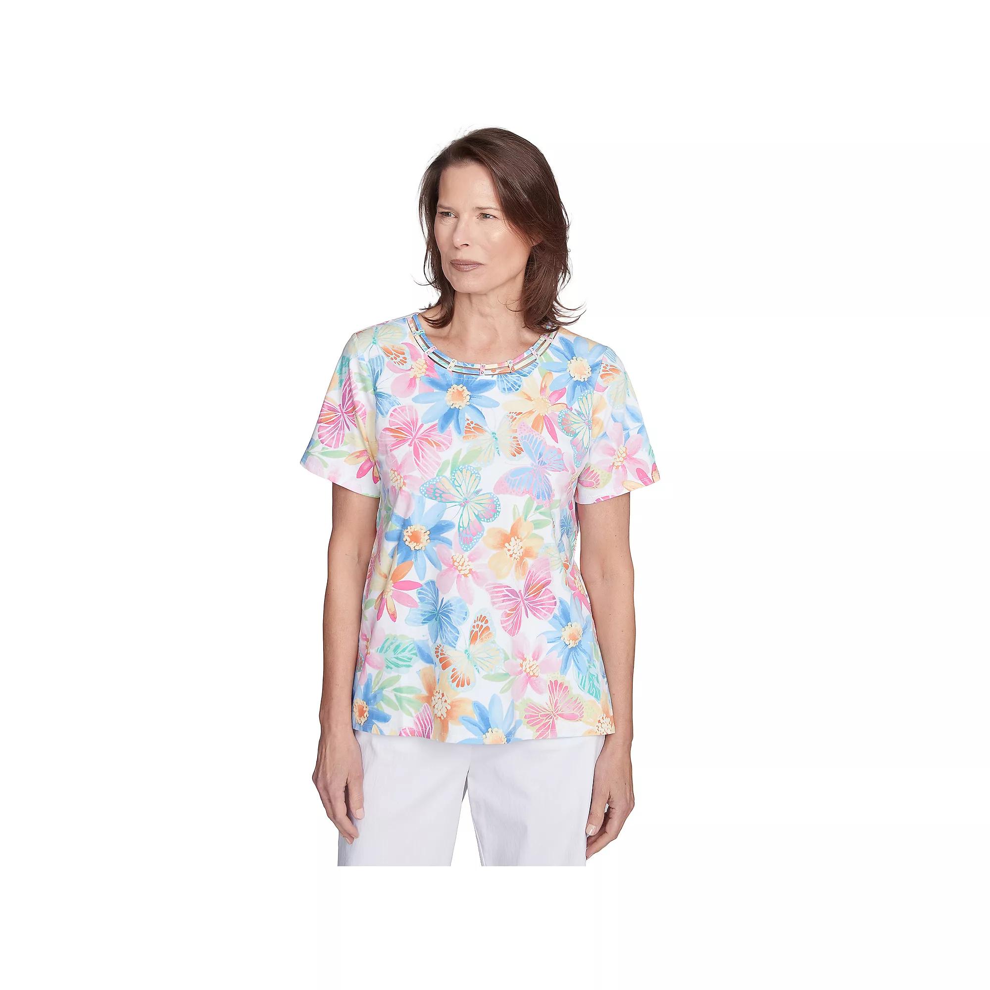 Petite Alfred Dunner Spring Butterfly Crew Neck Top, Women's,  Product Image