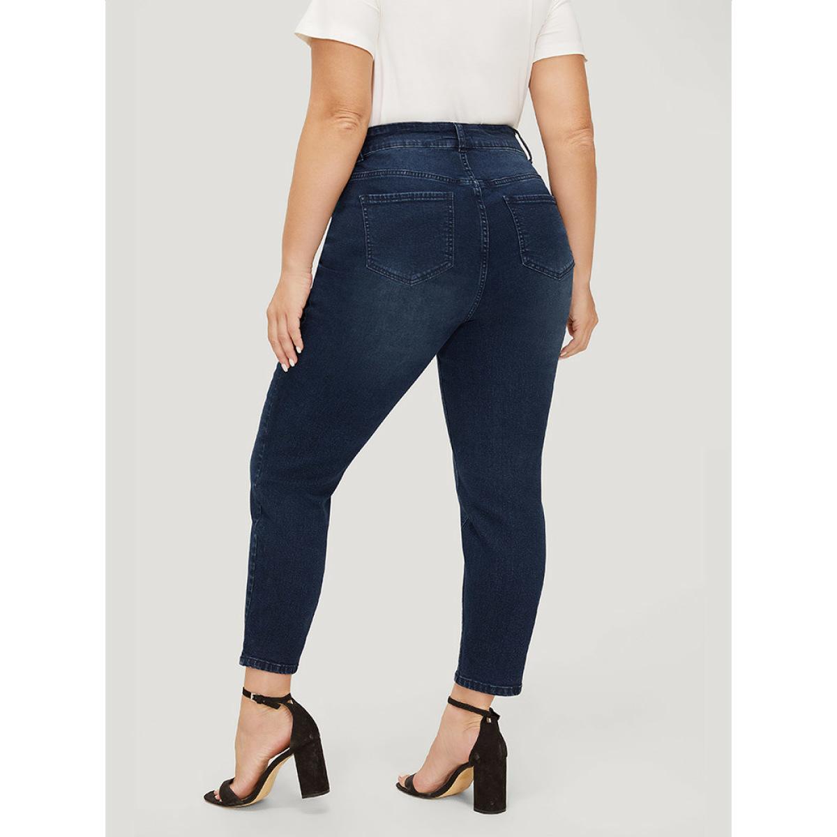 Plus Size Very Stretchy High Rise Dark Wash Paint Jeans Women DarkBlue Casual Plain High stretch Pocket Jeans BloomChic 24/3X Product Image