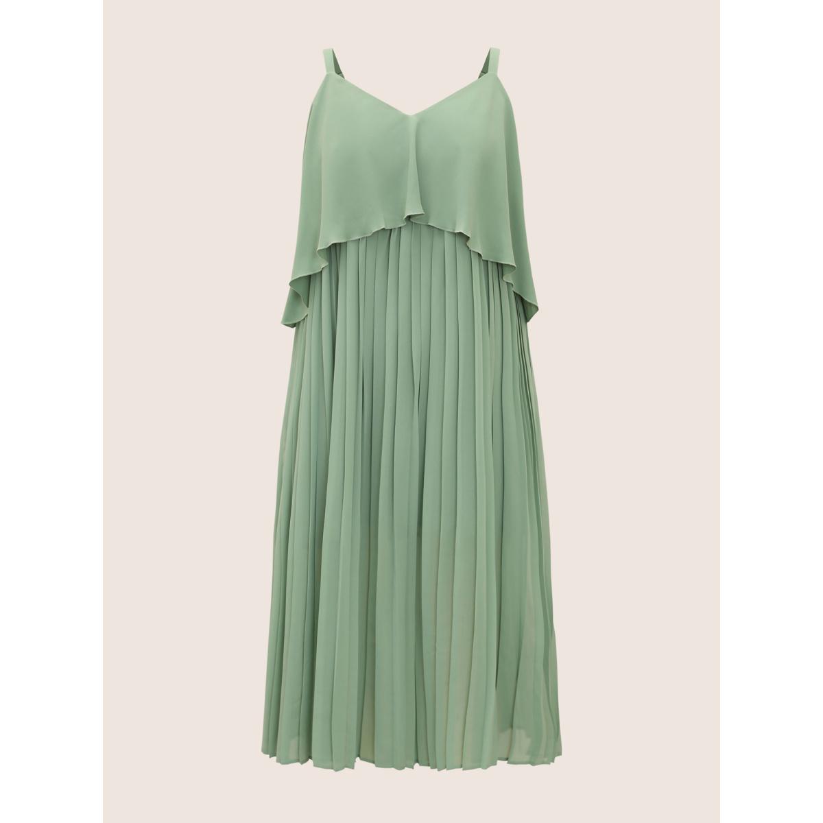 Plus Size Plain Tiered Ruffles Pleated Cami Dress Palemauve Women Elegant Pleated V-neck Sleeveless Curvy BloomChic 26/4X Product Image