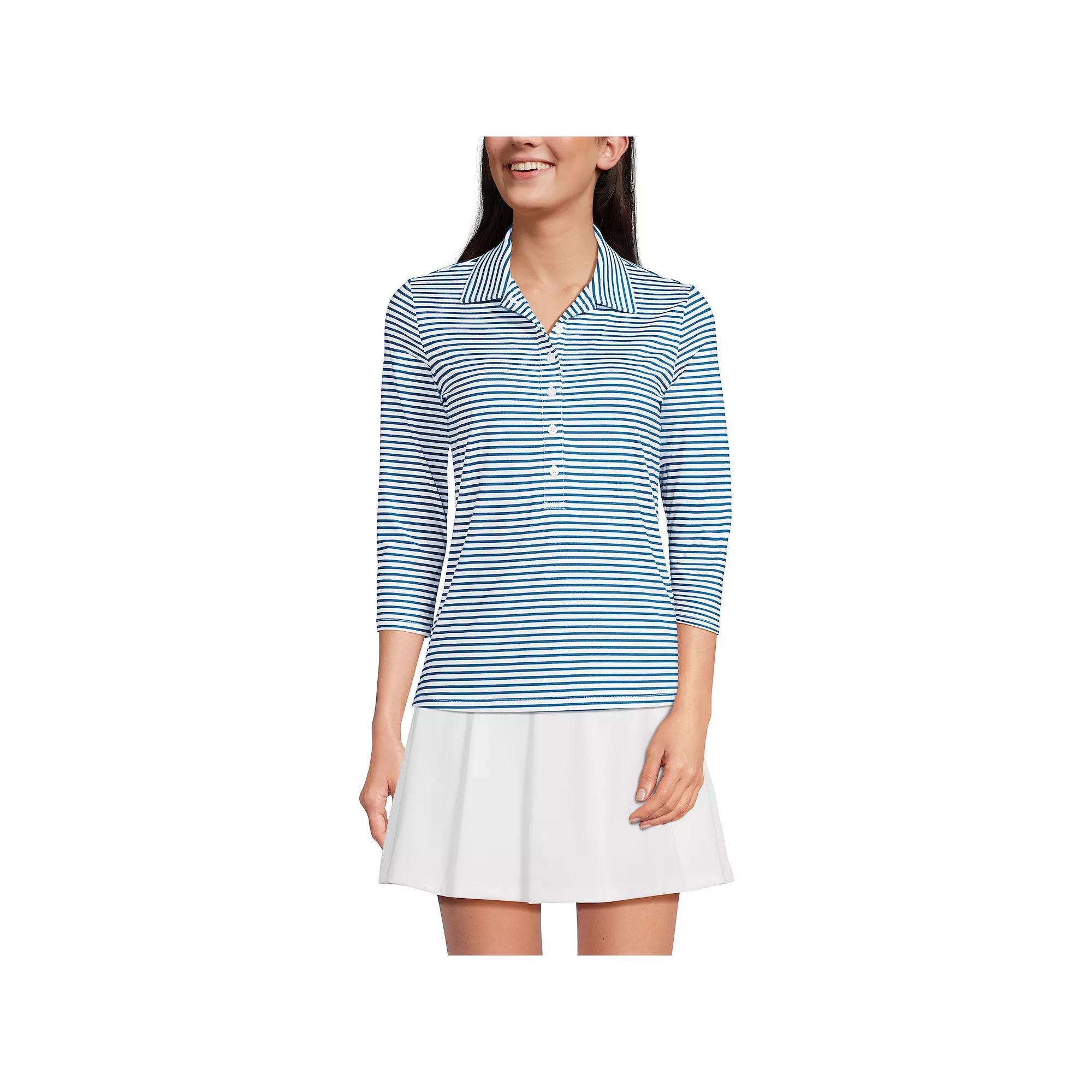 Women's Lands' End 3/4 Sleeve Active Polo Shirt, Size: Medium, White Purple Stripe Product Image