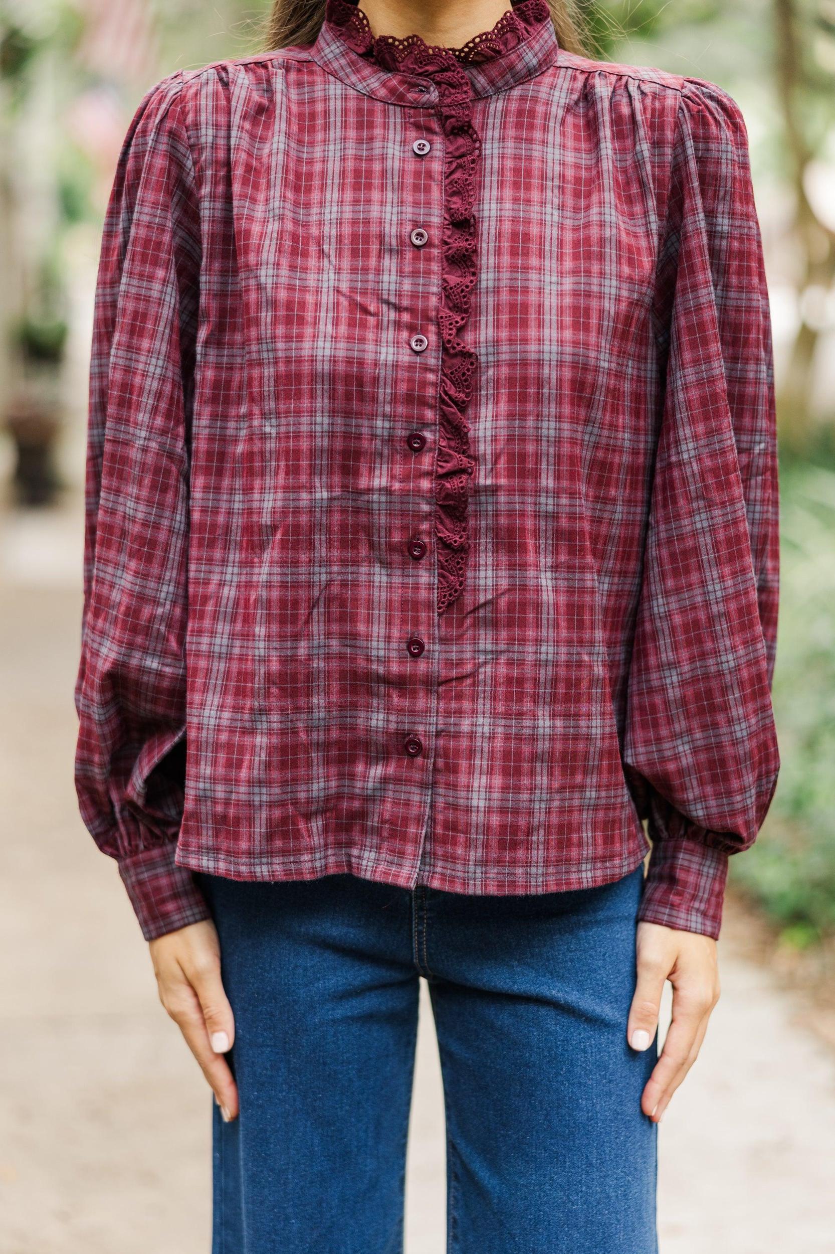 Leave It All Behind Wine Red Plaid Blouse Female Product Image