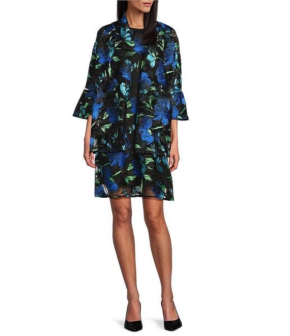 Caroline Rose Bella Embroidered Blooms Mesh Knit Drape Neck 3/4 Bell Sleeve Jacket Product Image