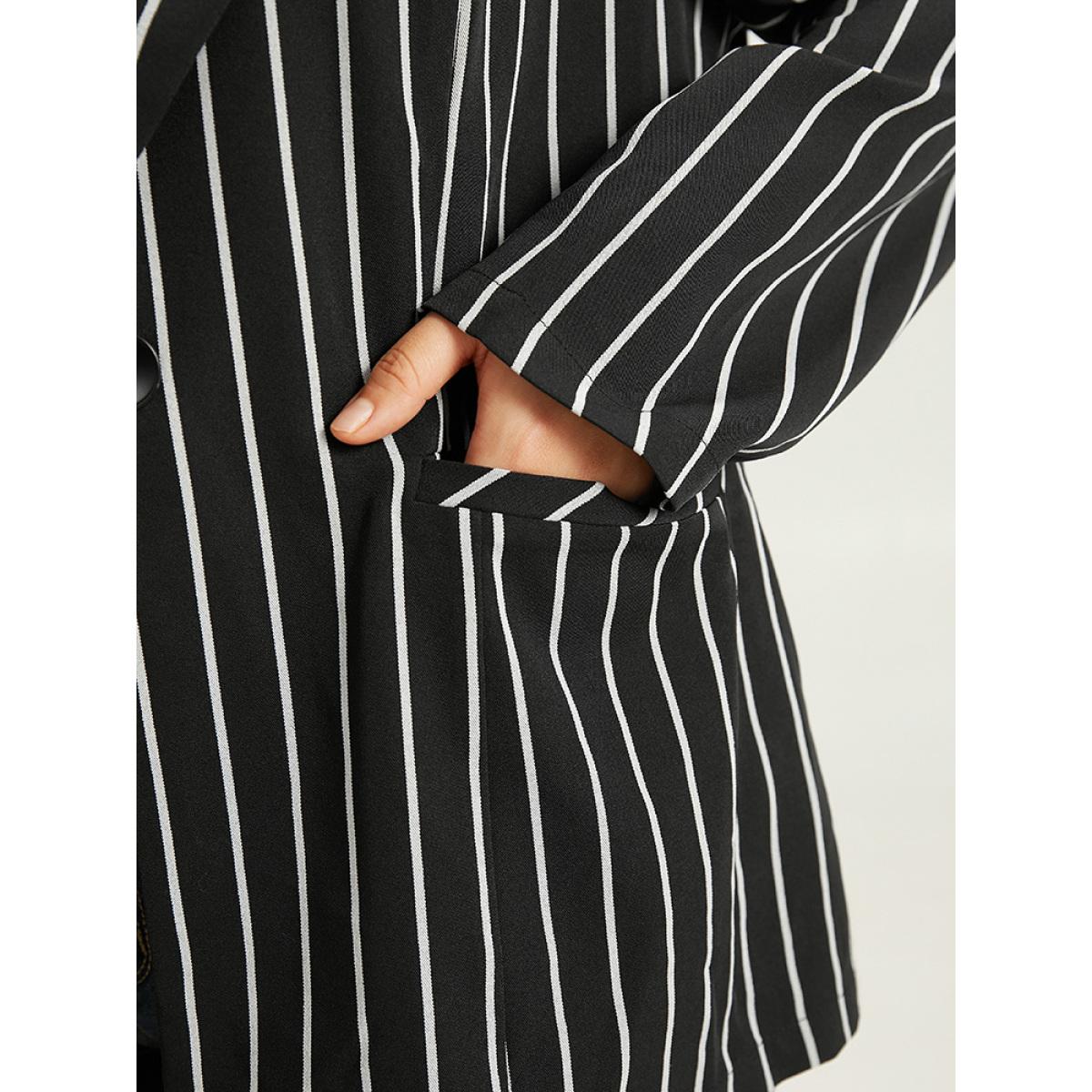 Plus Size Striped Suit Collar Button Up Blazer Black Women Work Striped Contrast Sleeve Long Sleeve Suit Collar 12/L Pocket Casual Blazers BloomChic Product Image