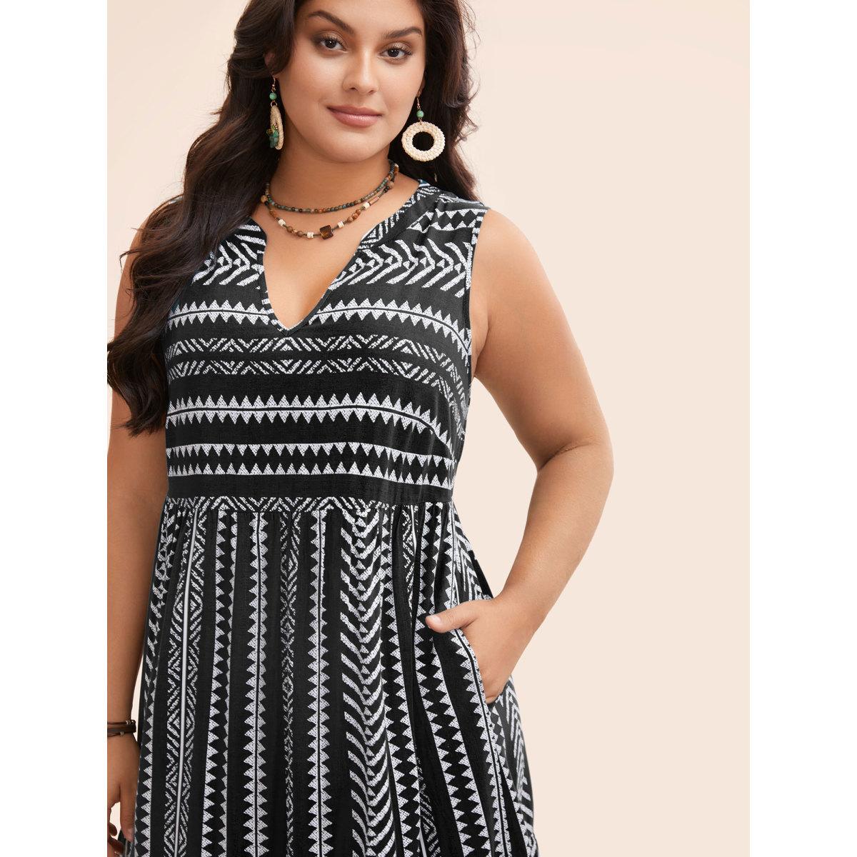 Plus Size Striped Geometric Pocket Ruffle Hem Sleeveless Tank Dress Black Women Casual Non V-neck Sleeveless Curvy BloomChic 14-16/1X Product Image