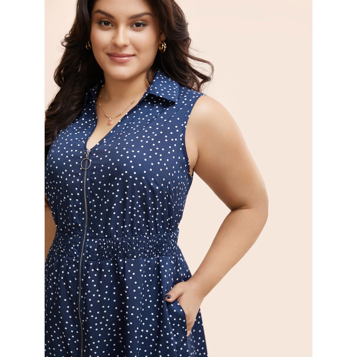 Plus Size Polka Dot Zipper Split Front Sleeveless Dress Indigo Women Elegant Slit V-neck Sleeveless Curvy BloomChic 30/6X Product Image