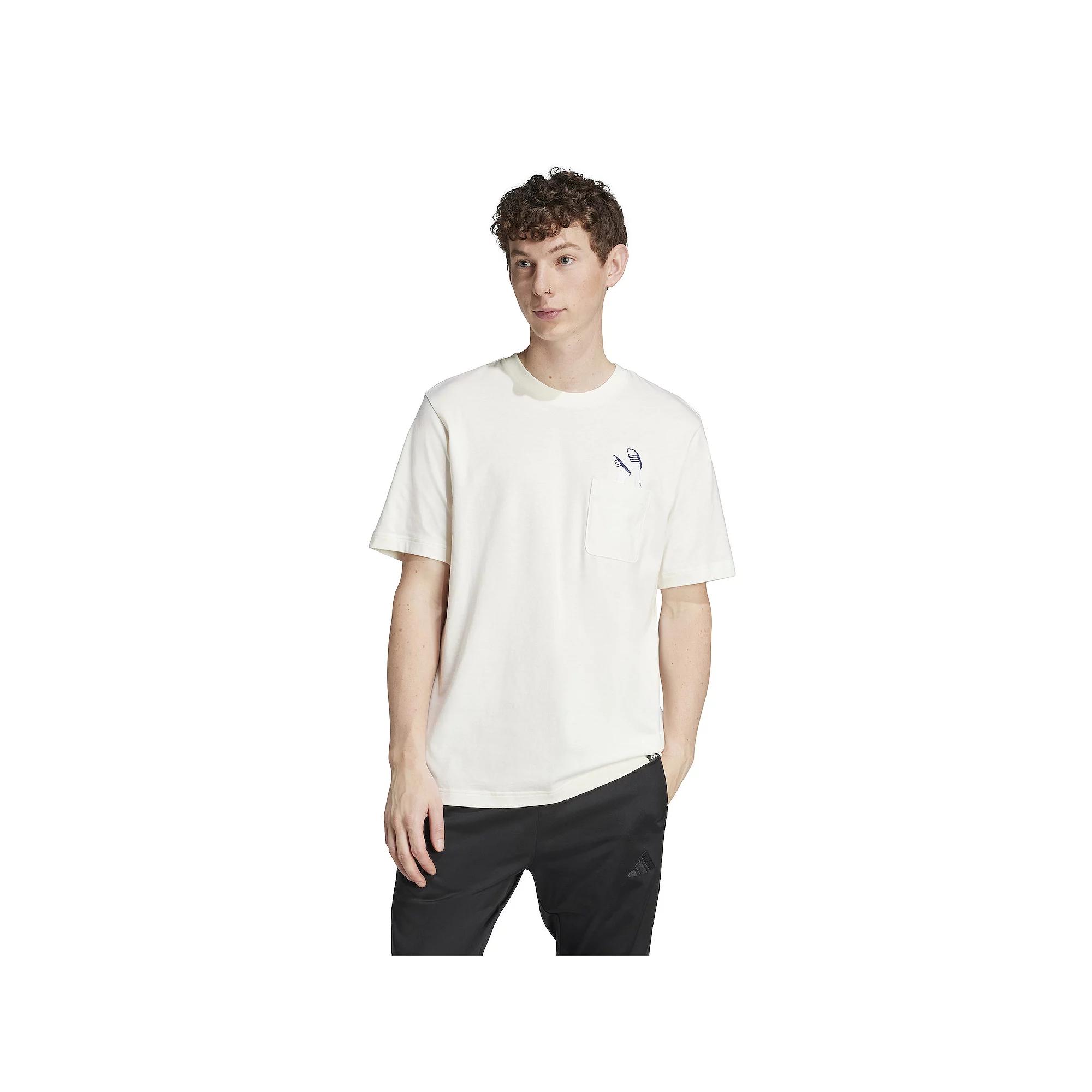 Men's adidas Graphic Lounge Slides Pocket T-Shirt, Size: Small, Off White Product Image