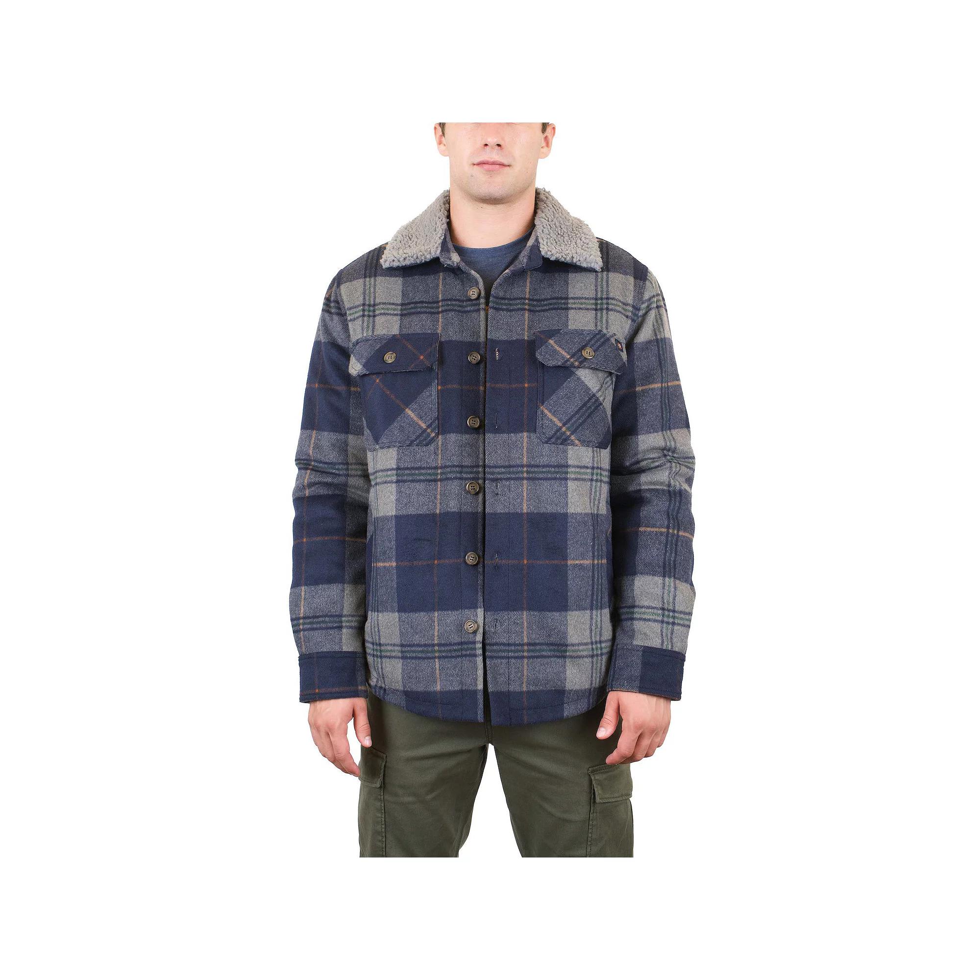 Mens Mountain and Isles Button Front Coat with Faux Sherpa Collar Grey Navy Plaid Product Image