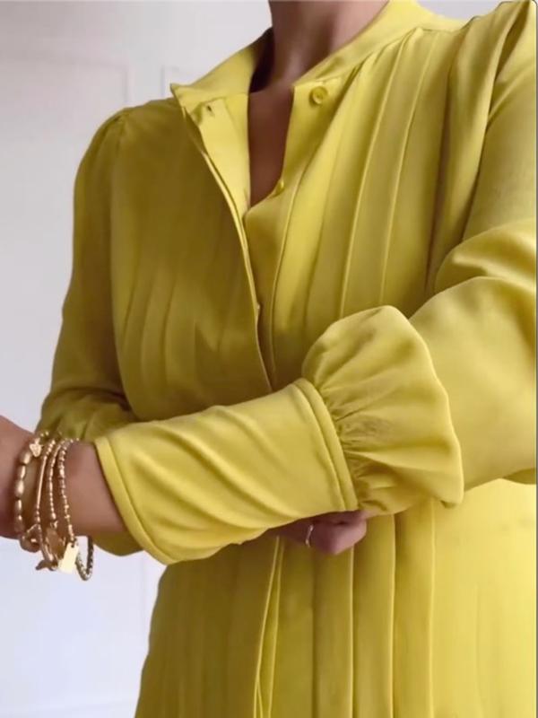 A-Line Long Sleeves Buttoned Pleated Pockets Solid Color Tied Waist V-Neck Maxi Dresses Product Image