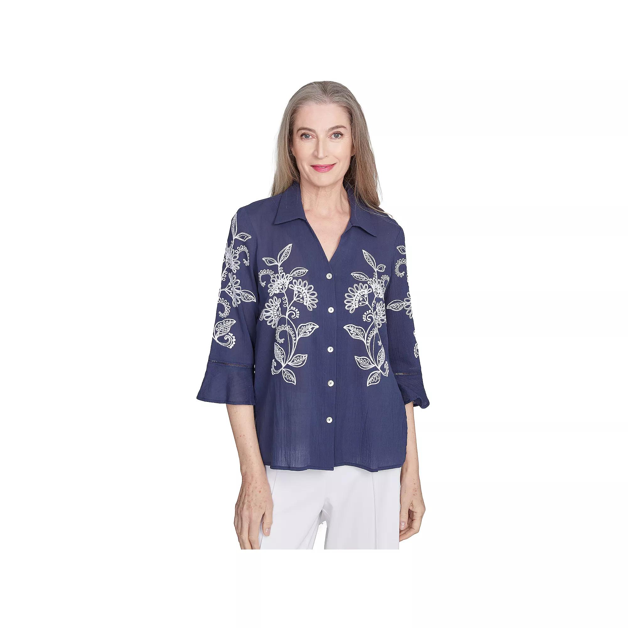 Petite Alfred Dunner Embroidered Marine Button Front Top, Women's, Size: Large Petite, Marine Blue Product Image