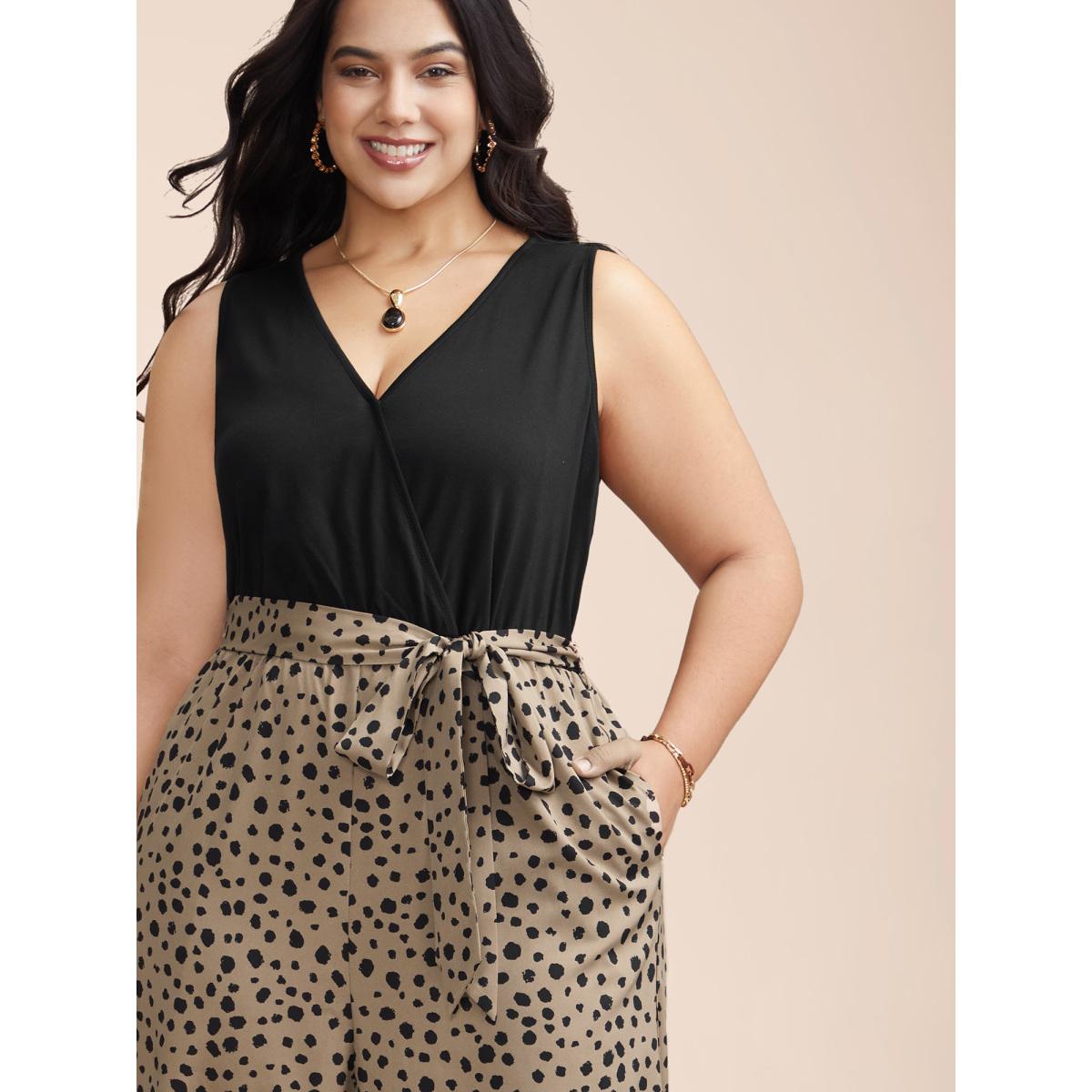 Plus Size LightBrown Spliced Belted Pockets Contrast Jumpsuit Women Elegant Sleeveless Overlap Collar Everyday-Elegant Loose Jumpsuits BloomChic 14-16/1X Product Image