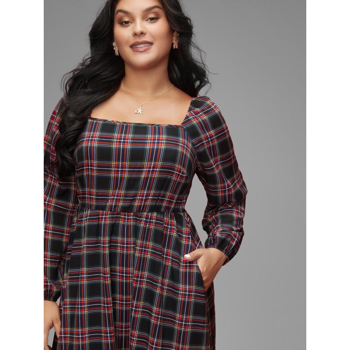 Plus Size Plaid Square Neckline Puffy Sleeve Midi Dress Black Women Elegant Non Square Neck Long Sleeve Curvy BloomChic 14-16/1X Product Image