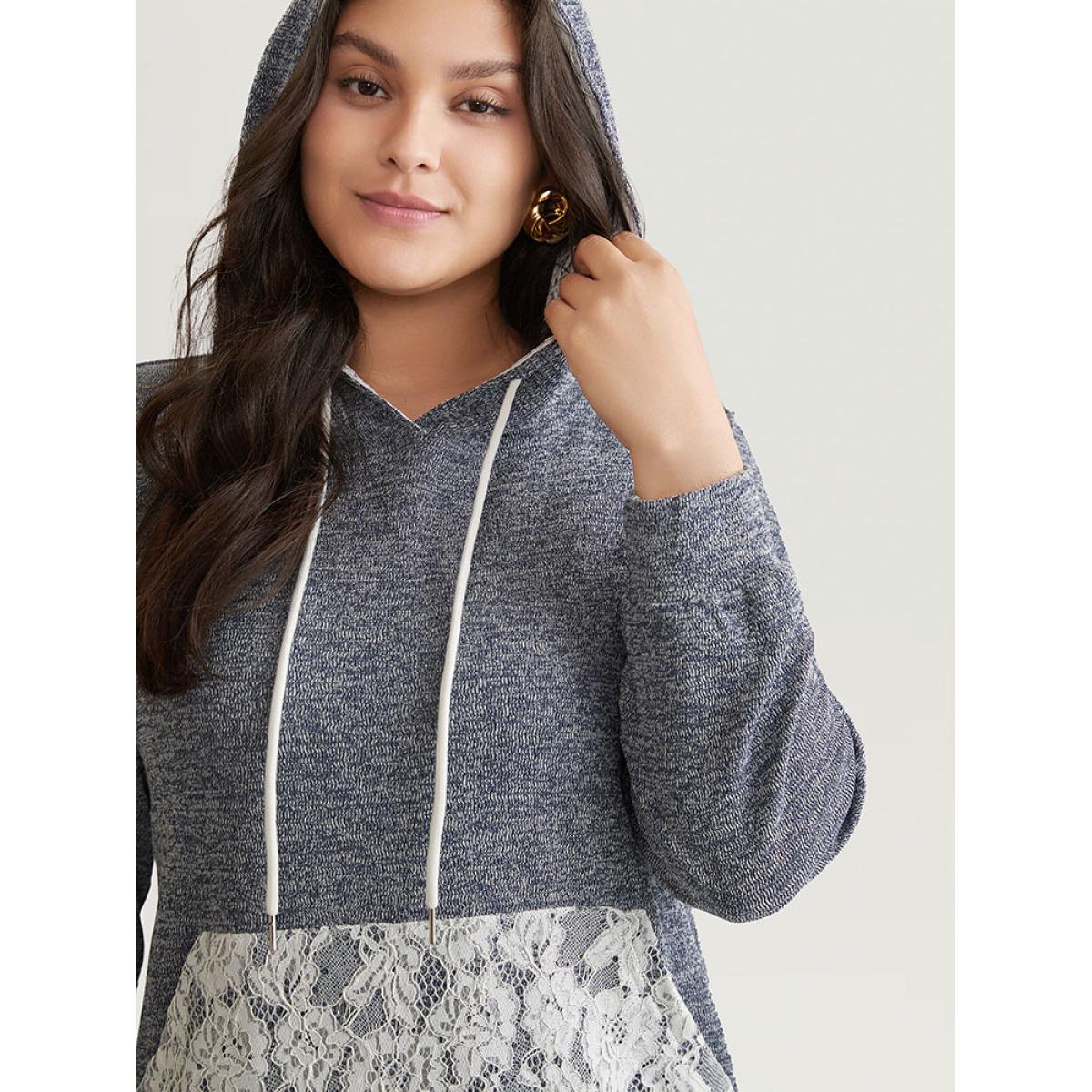 Plus Size Crochet Lace Patchwork Pocket Hooded Sweatshirt Women Indigo Casual Contrast Hooded Everyday Sweatshirts BloomChic 10/M Product Image