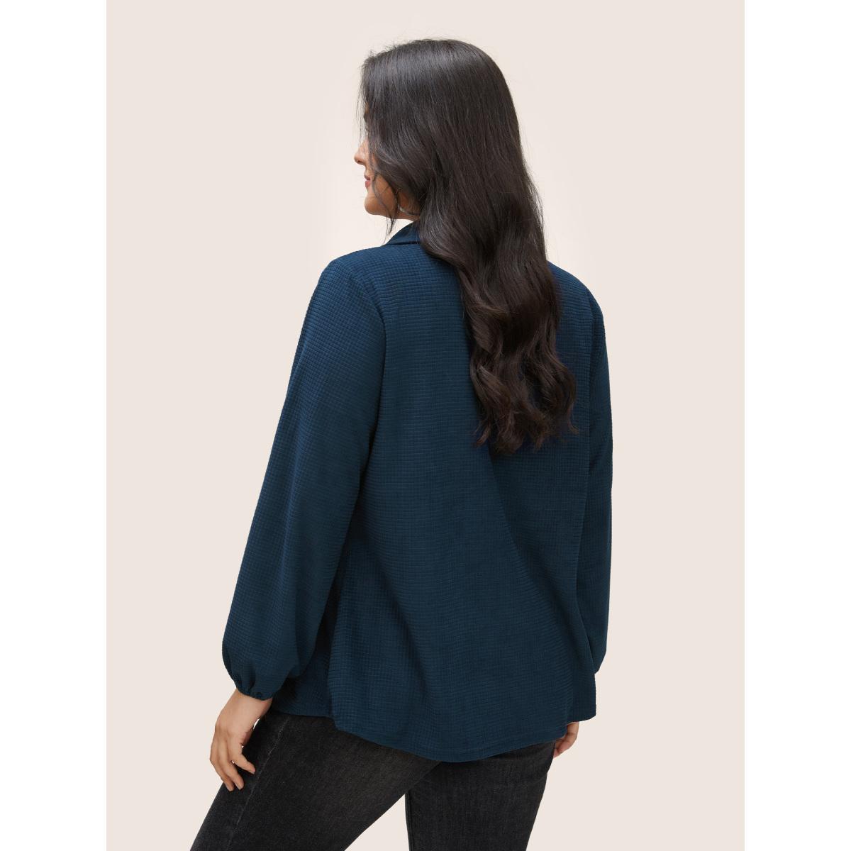 Plus Size Plain Waffle Knit Gathered Button Detail T-shirt Blue Women Casual Texture Plain Polo Everyday T-shirts BloomChic 14-16/1X Product Image