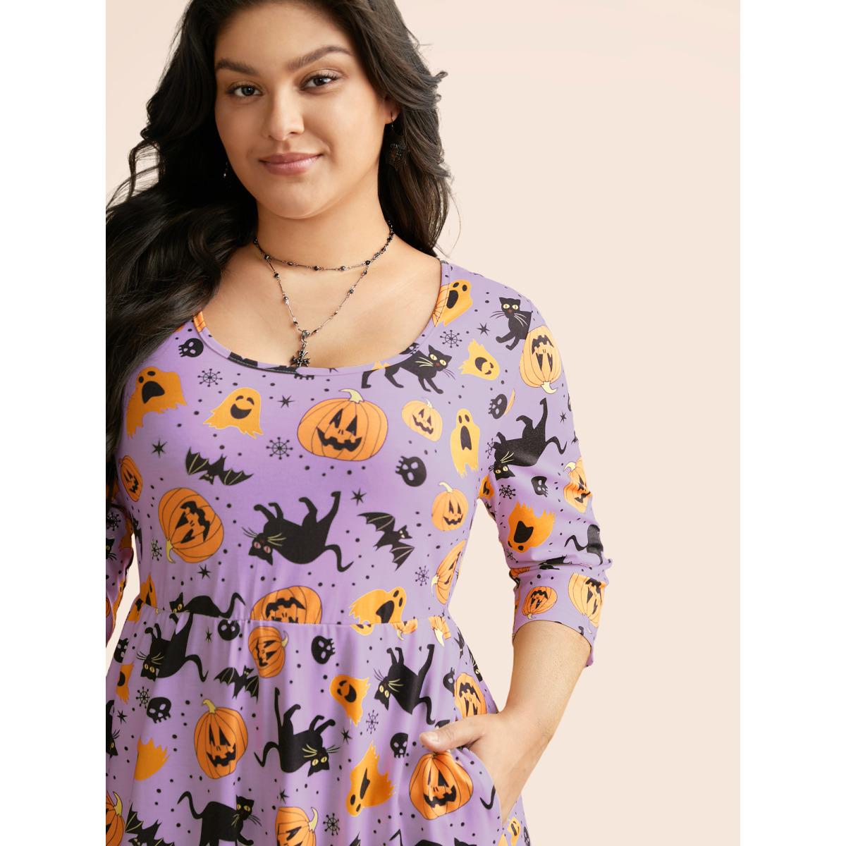 Plus Size Pumpkin Spiced Elastic Waist Printed Midi Dress Lilac Women Cocktail Non Party Curvy Bloomchic 12/L Product Image