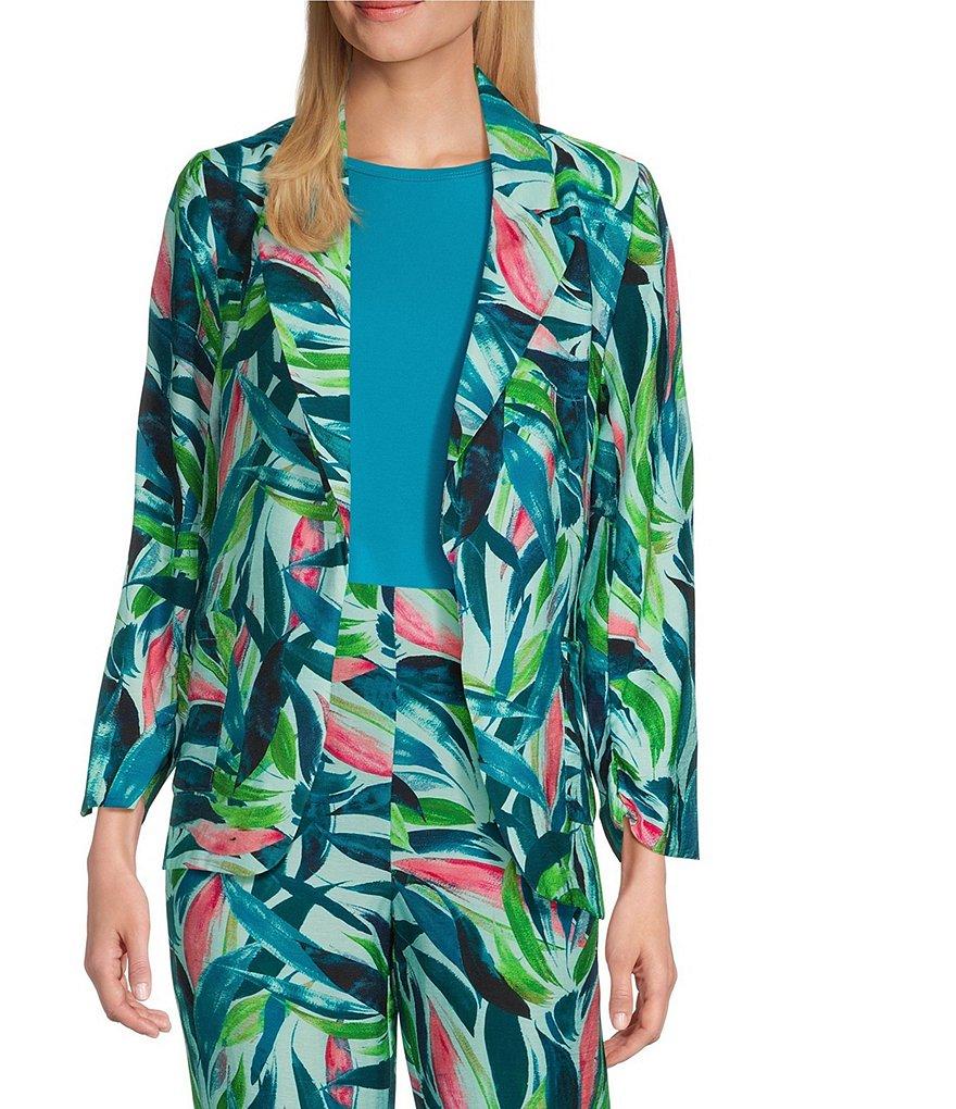 Investments Brushed Tropical Leaves Print 3/4 Ruched Sleeve Open Lapel Front Jacket Product Image