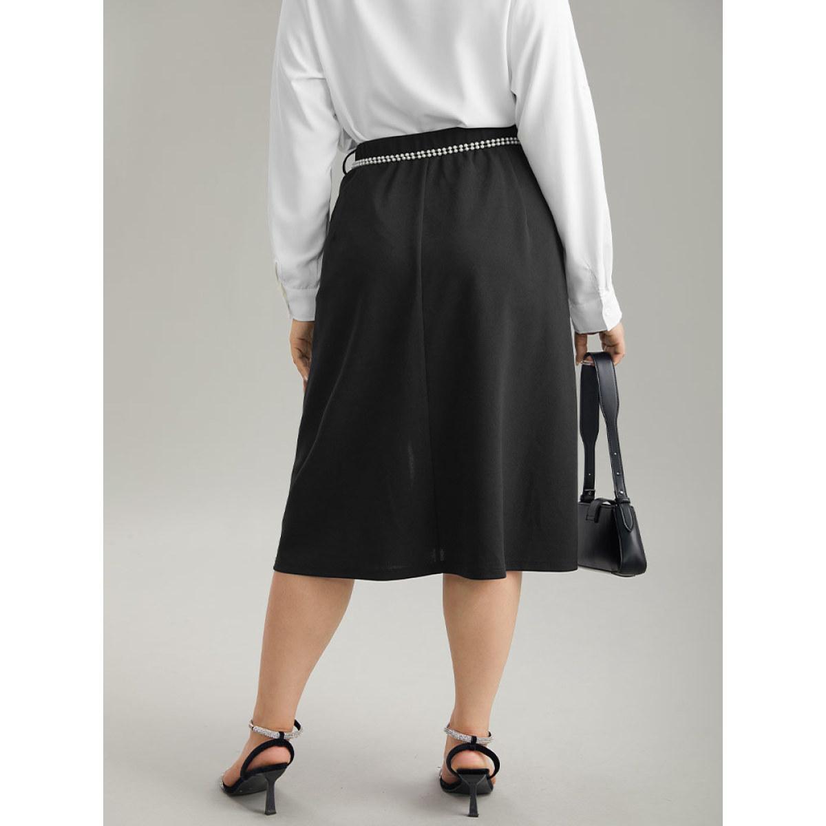 Plus Size Plain Pearl Beaded Detail Split Side Skirt Women Black Office Style accents No stretch Belt Office Skirts BloomChic 12/L Product Image