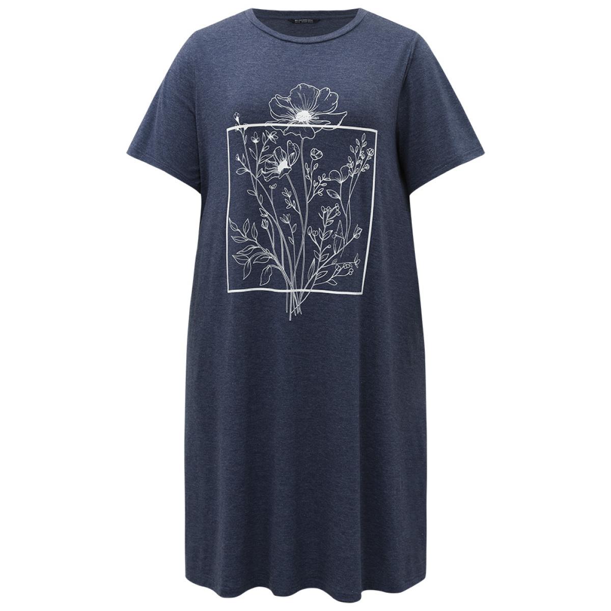 Plus Size Supersoft Essentials Floral Print Pocket Round Neck Dress Indigo Women Casual Plain Curvy Midi Dress BloomChic 22-24/3X Product Image