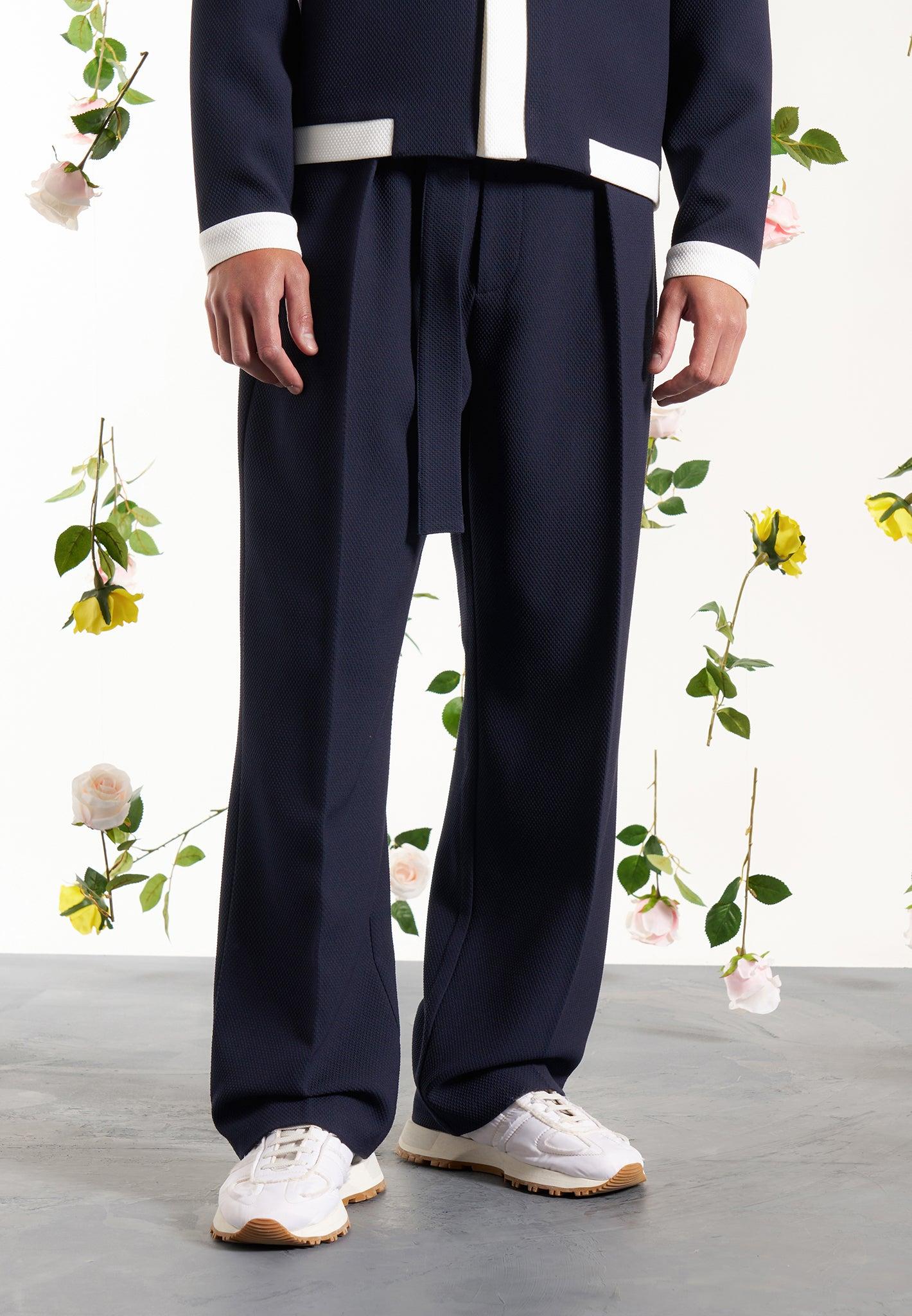 Louis - Relaxed Fit Textured Belted Tailored Trousers - Navy Male Product Image