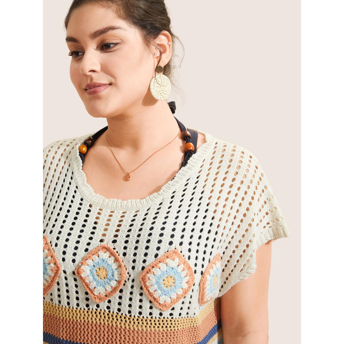 Plus Size Contrast Striped Crochet Cut Out Swim Cover Up Women's Swimwear Ivory Beach Crochet Curve Swim Cover Ups BloomChic 26/4X Product Image