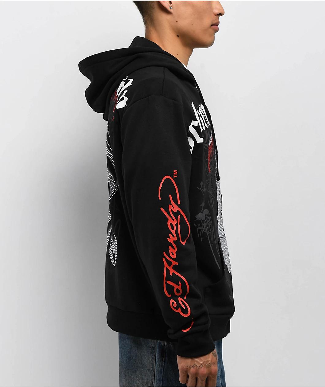 Ed Hardy x Broken Promises Deaths Shadow Rhinestone Black Zip Hoodie Product Image