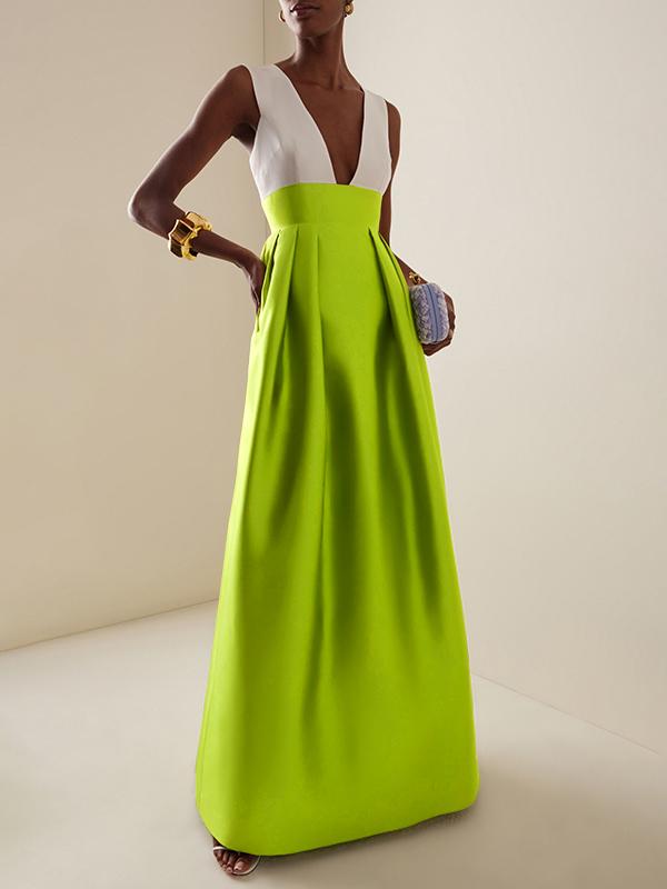 A-Line High Waisted Contrast Color Pleated Zipper Deep V-Neck Maxi Dresses Product Image
