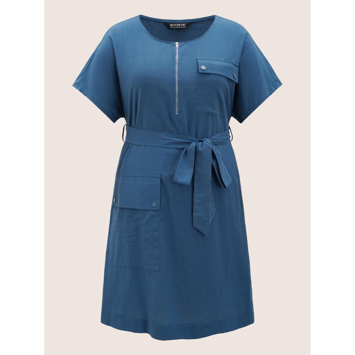 Plus Size Round Neck Half Zip Flap Detail Belted Dress Mediumblue Women Work From Home Belted Round Neck Short sleeve Curvy BloomChic 18-20/2X Product Image