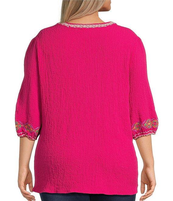 Calessa Plus Size Embroidered Motif Split V-Neck 3/4 Sleeve Tunic Product Image