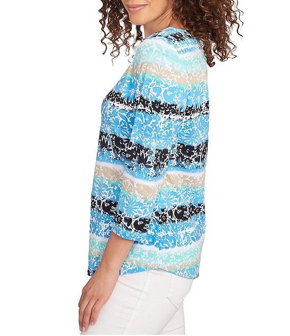 Ruby Rd. Soft Jersey Knit Mixed Floral Watercolor Stripe Boat Neck 3/4 Sleeve Top Product Image